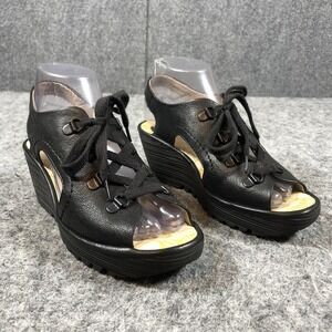 FLY London Sandals Womens Size‎ 6-6.5 Black Leather Lace Up Wedge Comfort Shoes